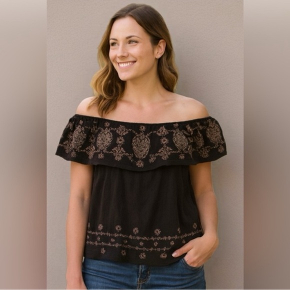 Alya Tops - Alya Black Off-Shoulder Embroidered Blouse